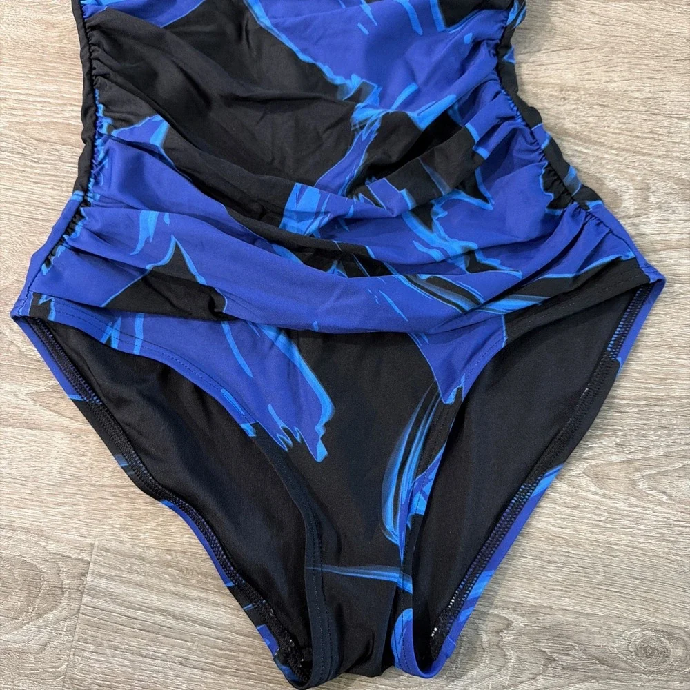 DKNY Women's U-Wire Bandeau Shirred One-Piece Swimsuit Brush Stroke Blue Small - Picture 3 of 8
